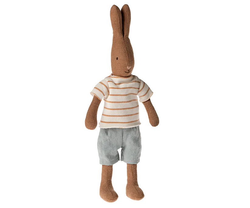 Maileg Rabbit, Size 1 - Chocolate brown - Striped blouse and shorts