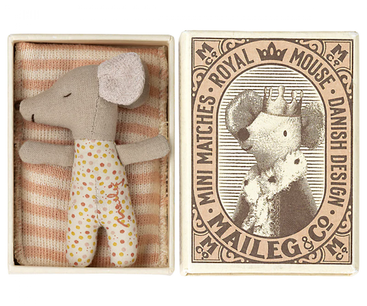 Maileg Sleepy/wakey baby mouse in matchbox - Rose