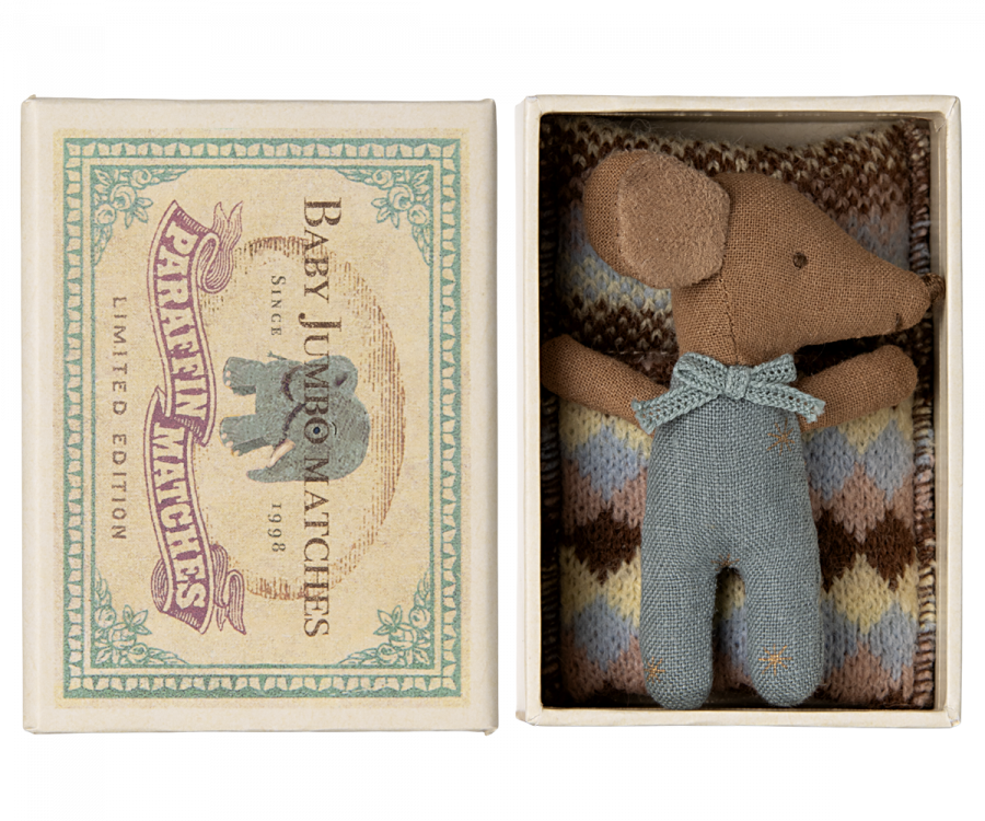 Maileg Sleepy wakey baby mouse in matchbox - Blue