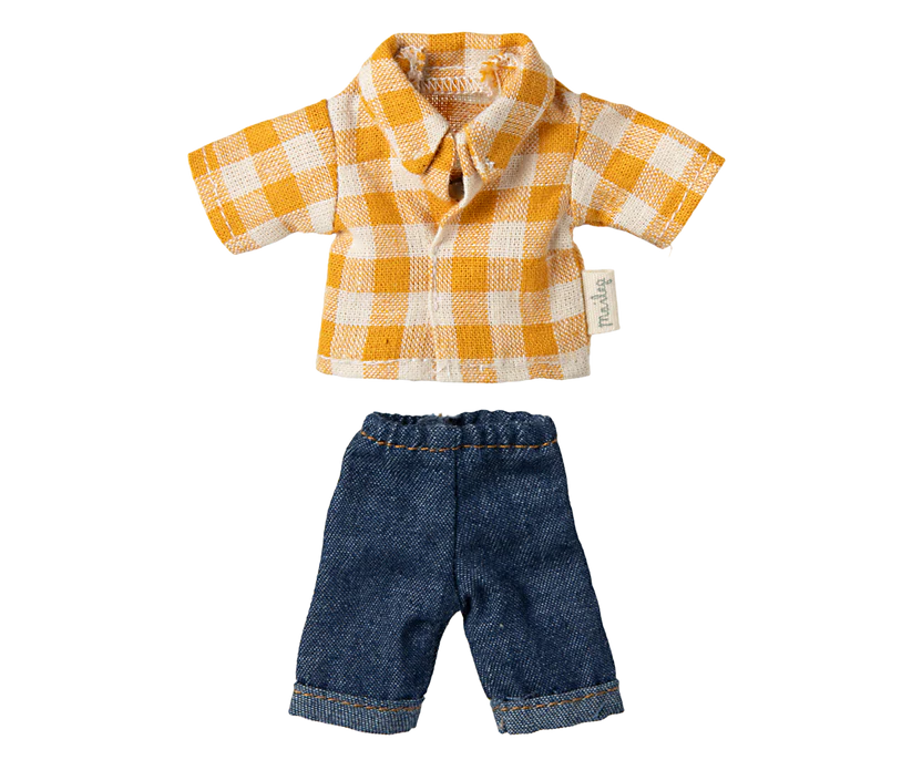 Maileg Yellow checked shirt and pants, Dad mouse