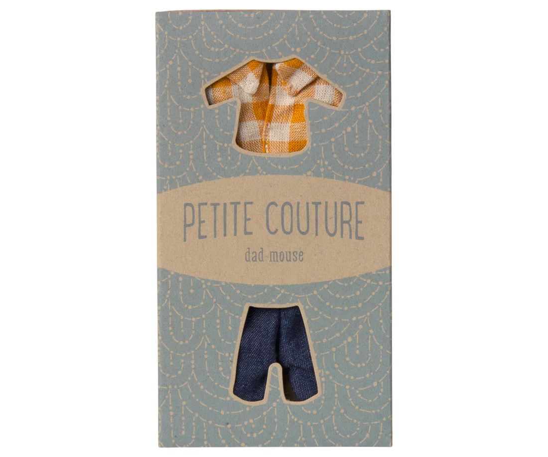 Maileg Yellow checked shirt and pants, Dad mouse
