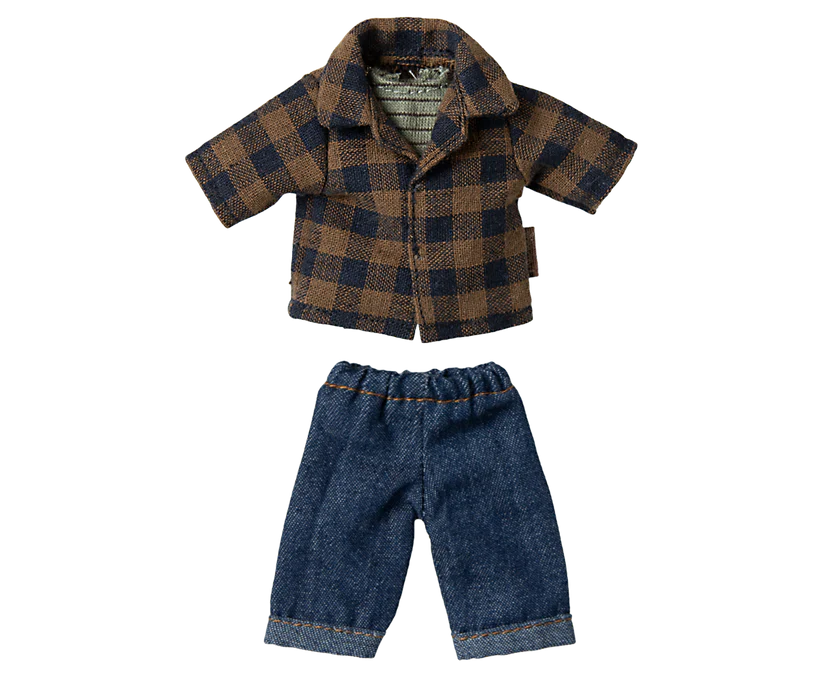 Maileg Brown checked shirt and pants, Dad mouse