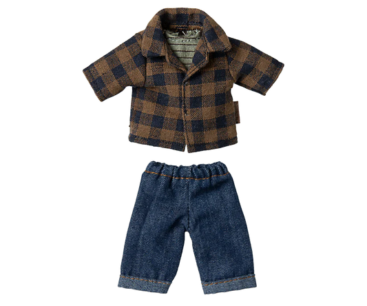 Maileg Brown checked shirt and pants, Dad mouse