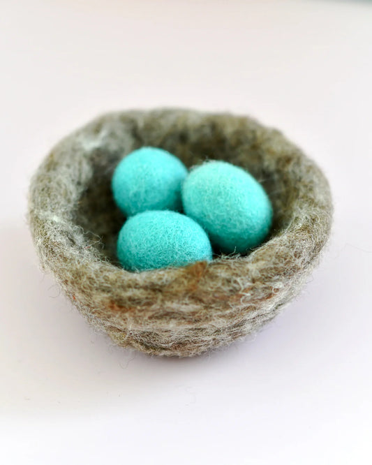 Felt Nest with 3 Blue Robin Eggs