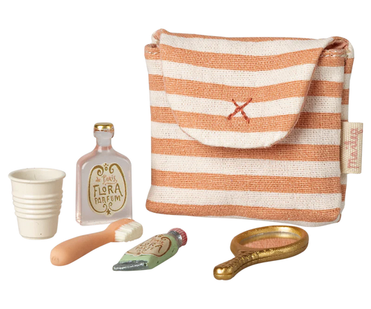 Maileg Tooth brush set in bag, Mouse - Coral stripe