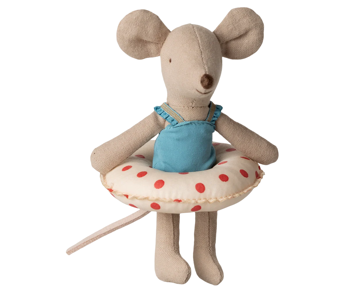 Maileg Little sister, Beach mouse with float - Red dots