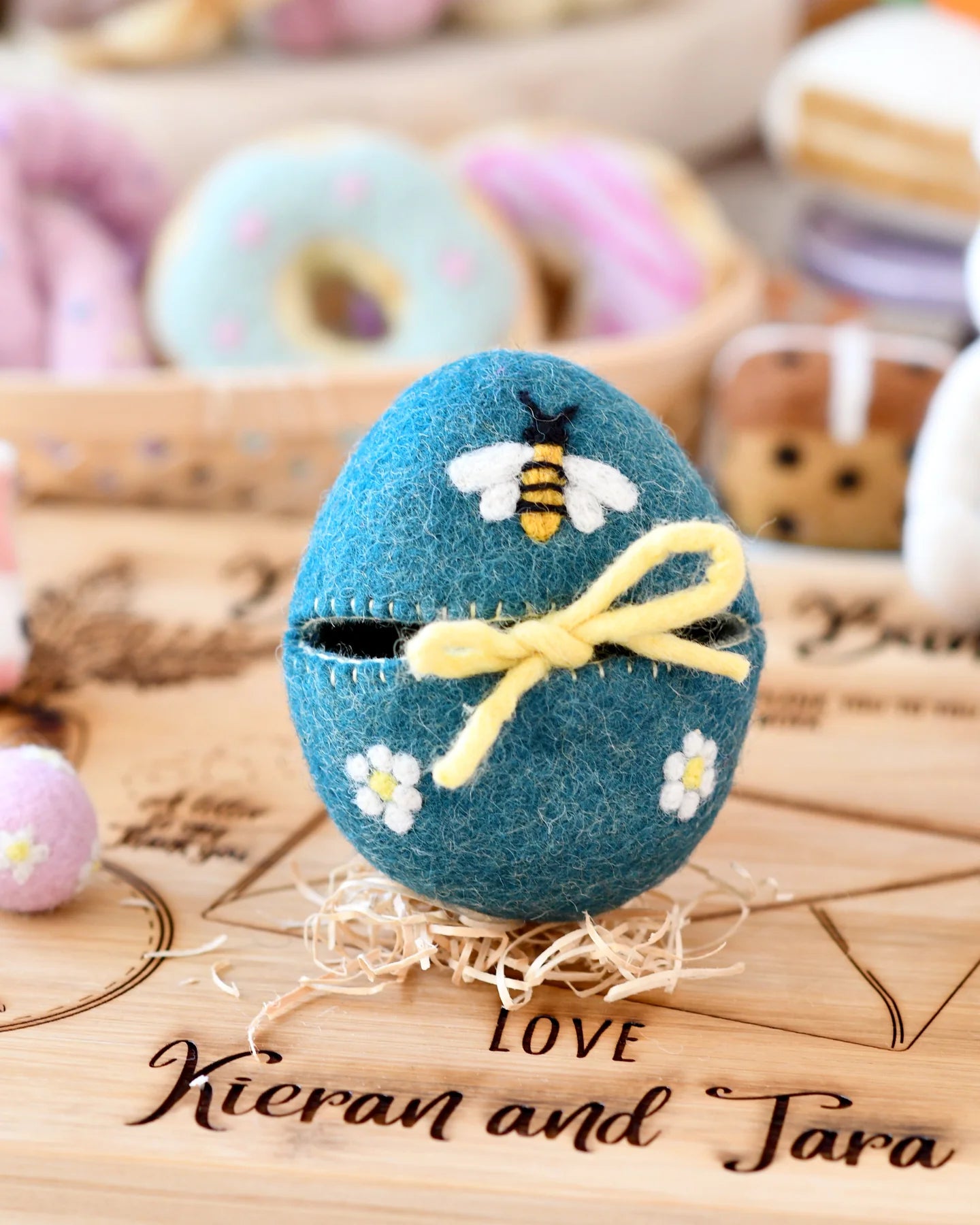 Tara Treasures Felt Egg Cover - Blue With Bee Motif