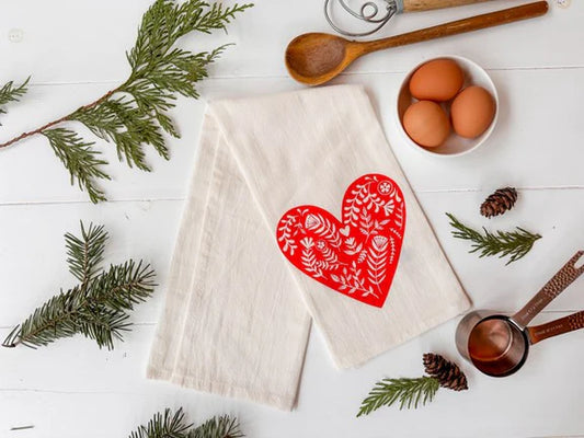 Red Floral Heart Tea Towel