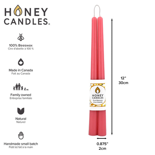 Pair of 12 Inch Paris Pink Beeswax Taper Candles