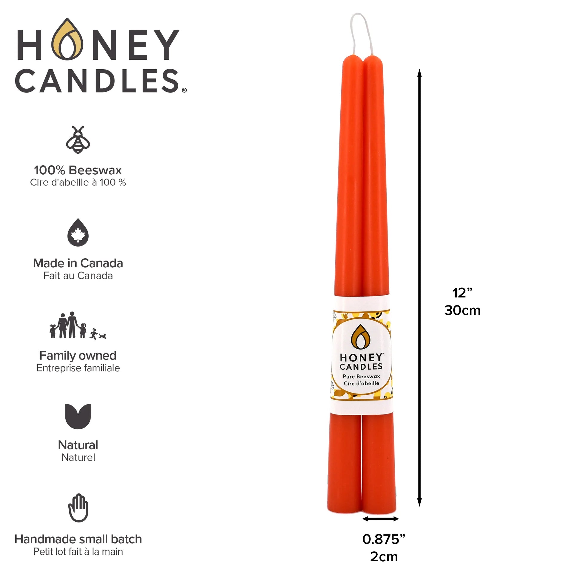 Pair of 12 Inch Tangerine Beeswax Taper Candles