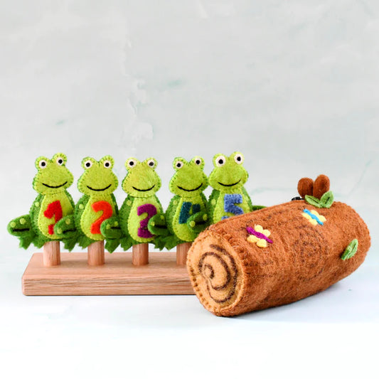 Tara Treasures 5 Little Speckled Frogs with Log Bag - Finger Puppet Set